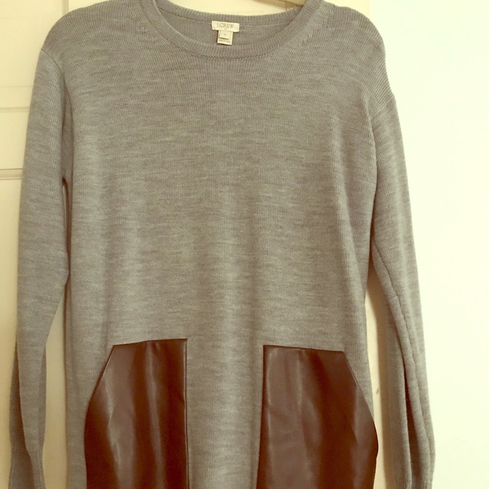 Jcrew grey wool sweater with faux leather pockets
